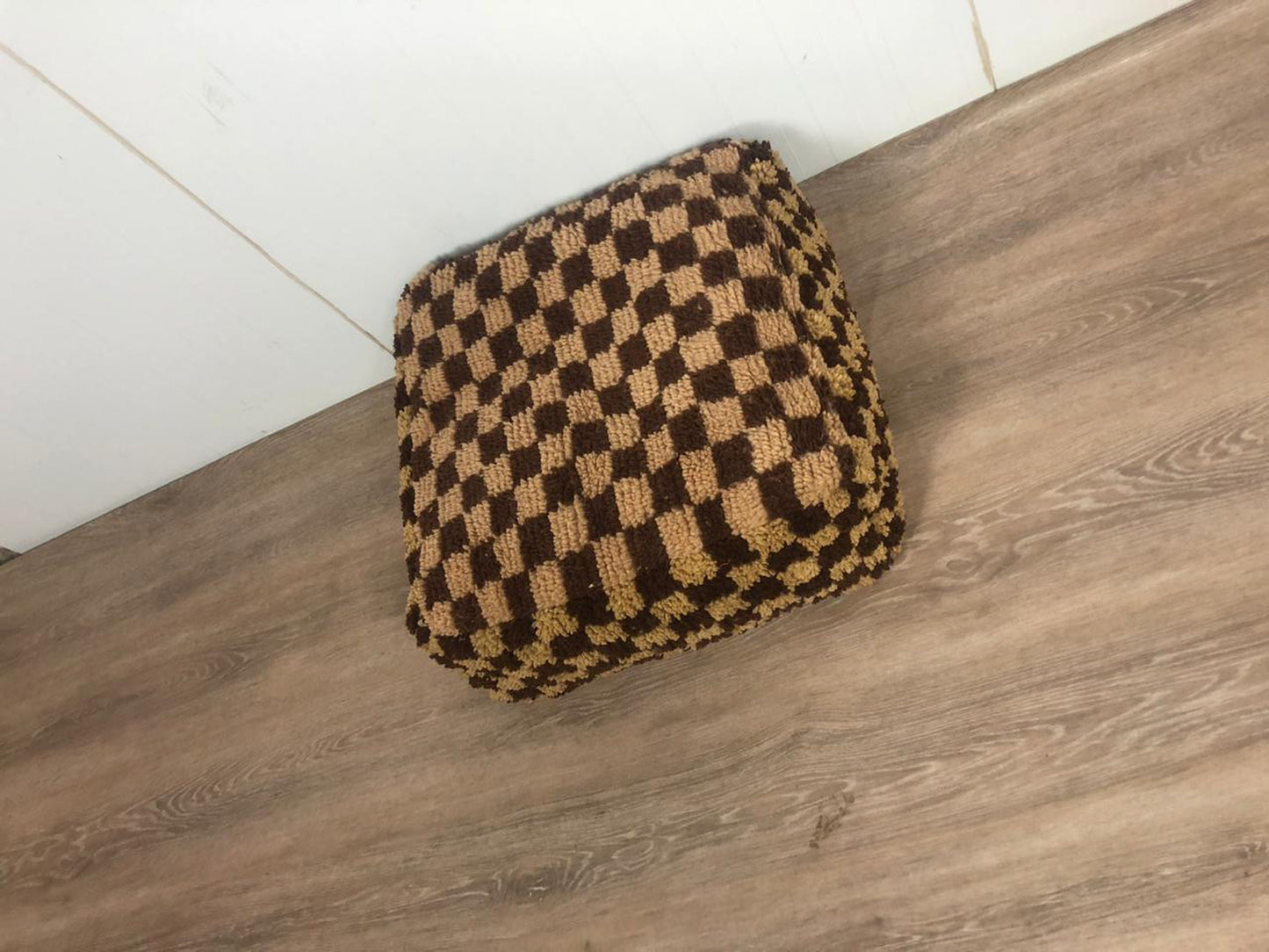 Brown and cream checkered Moroccan Pouf, Berber checkerboard Flour pillow,