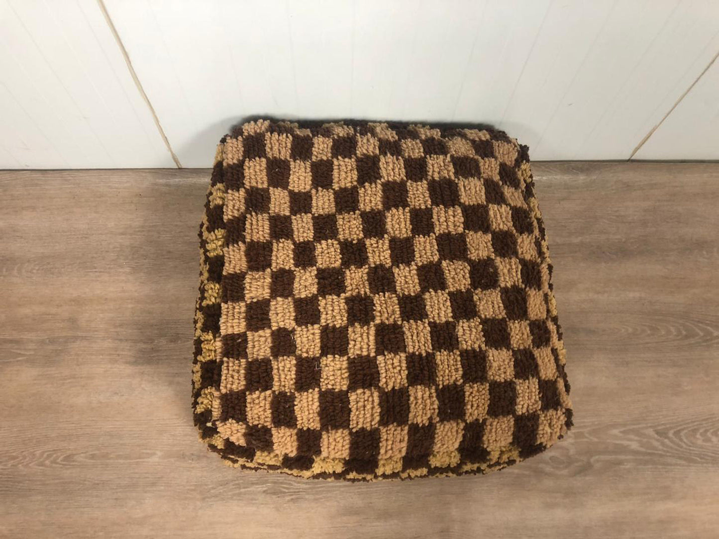 Brown and cream checkered Moroccan Pouf, Berber checkerboard Flour pillow,