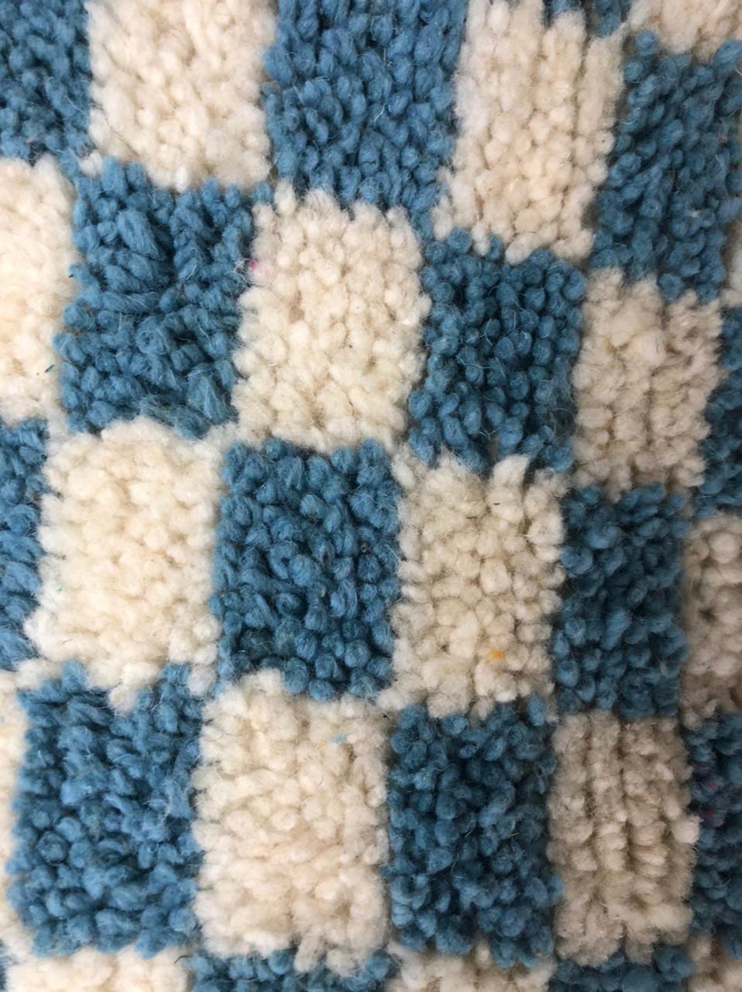 Moroccan Berber light Blue and white large checkered pouf ottoman.