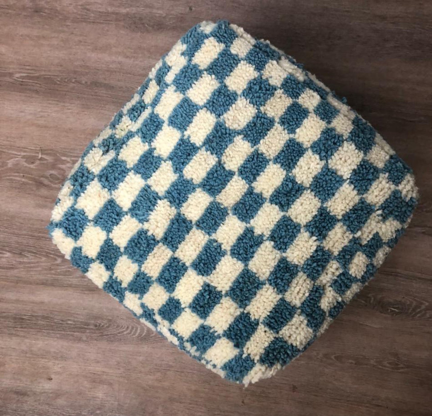 Moroccan Berber light Blue and white large checkered pouf ottoman.