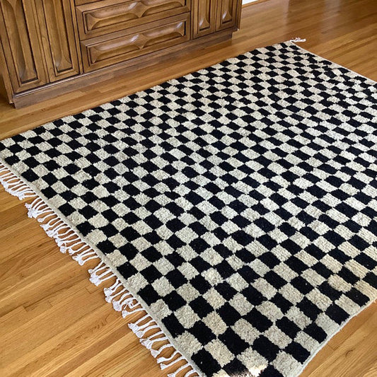 Exotic and Eye-catching Large Black and White Moroccan Berber Checkered wool Rug.