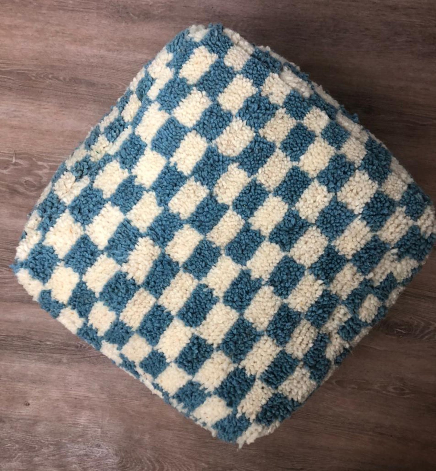 Moroccan Berber light Blue and white large checkered pouf ottoman.