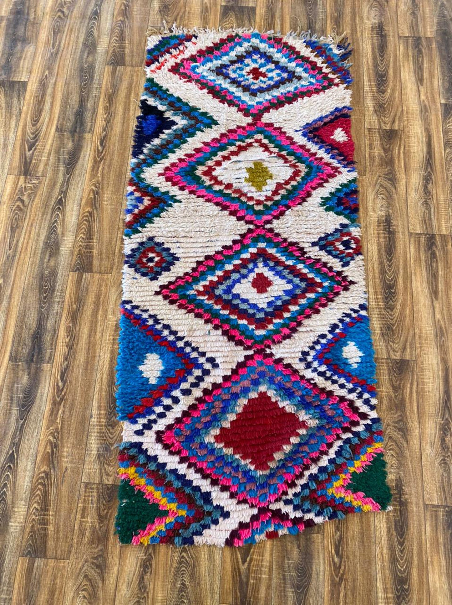 Moroccan vintage Berber shag rug runner, 3x7 ft Azilal woven runner rug.