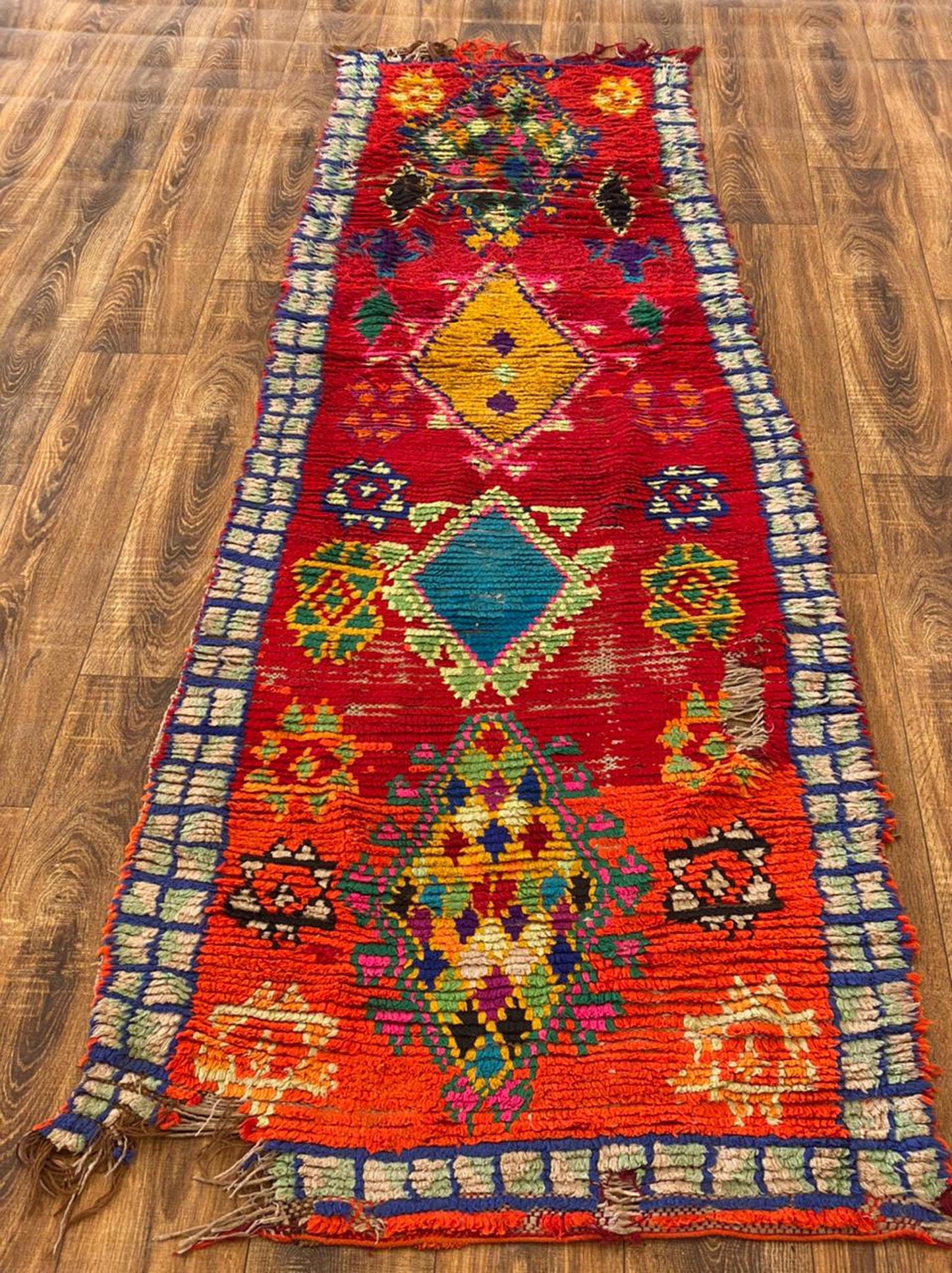 3x9 ft Moroccan vintage runner rug, Azilal woven Berber runner.