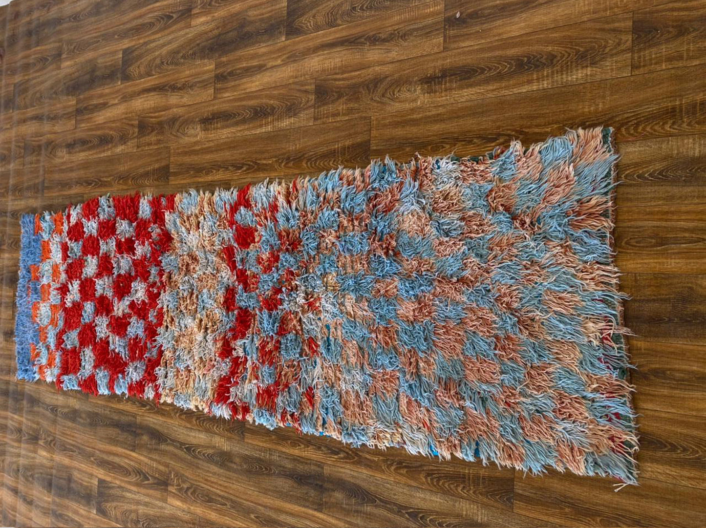 3x10 ft Moroccan vintage Berber checkered runner rug .