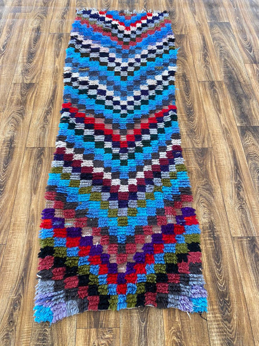 Checkered Colored Chevron Rugs 2x7, Moroccan vintage Berber narrow runner Rug.