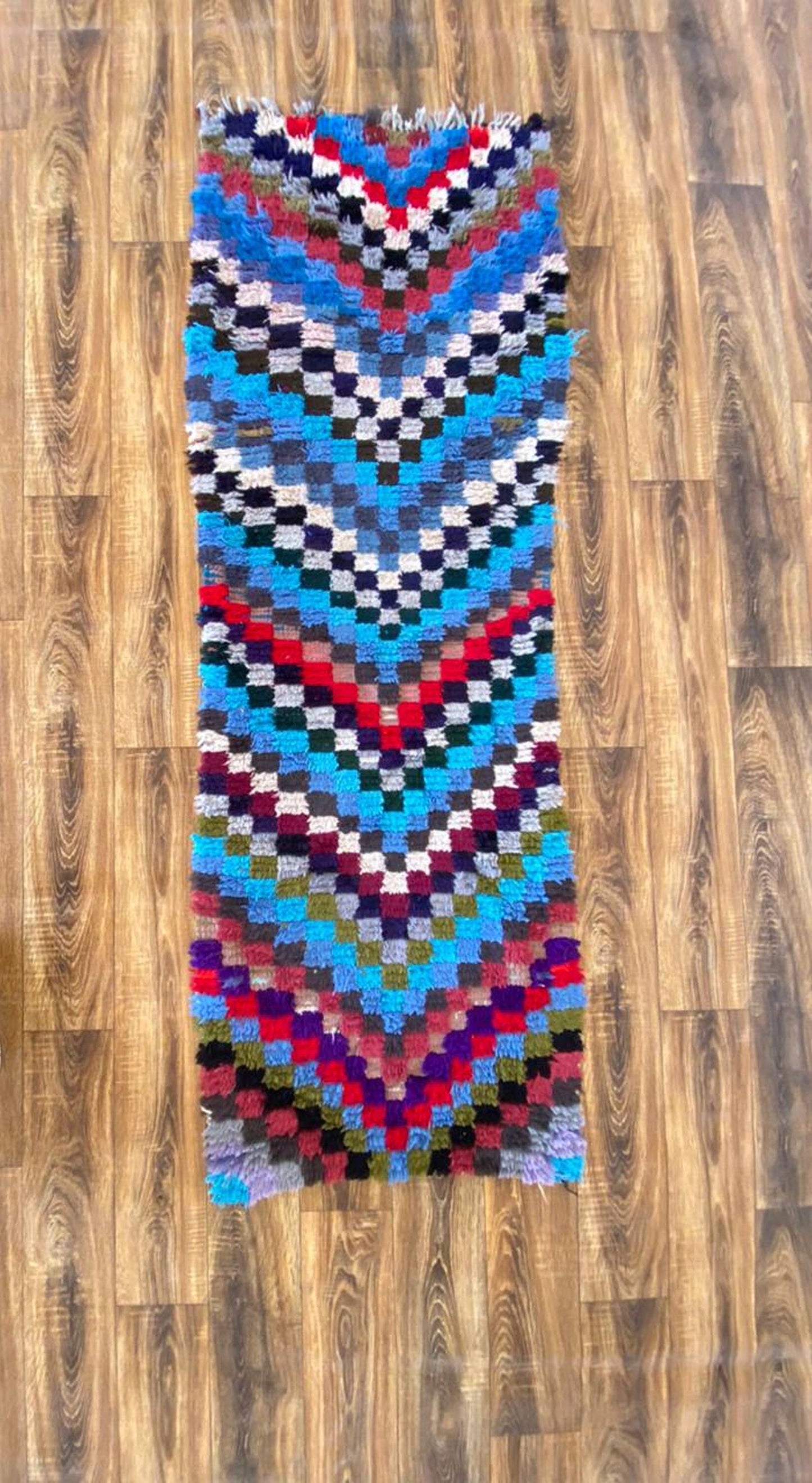 Checkered Colored Chevron Rugs 2x7, Moroccan vintage Berber narrow runner Rug.