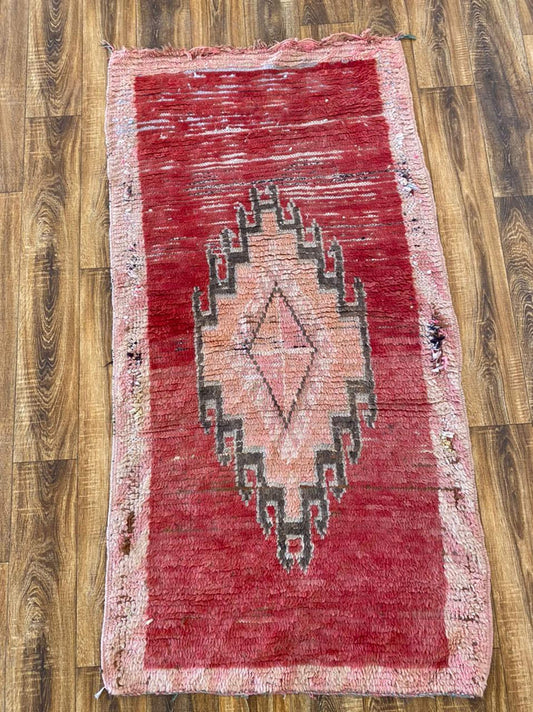 Moroccan Vintage Unique Rugs. 3x6 Berber Woven Faded Red runner Rug.