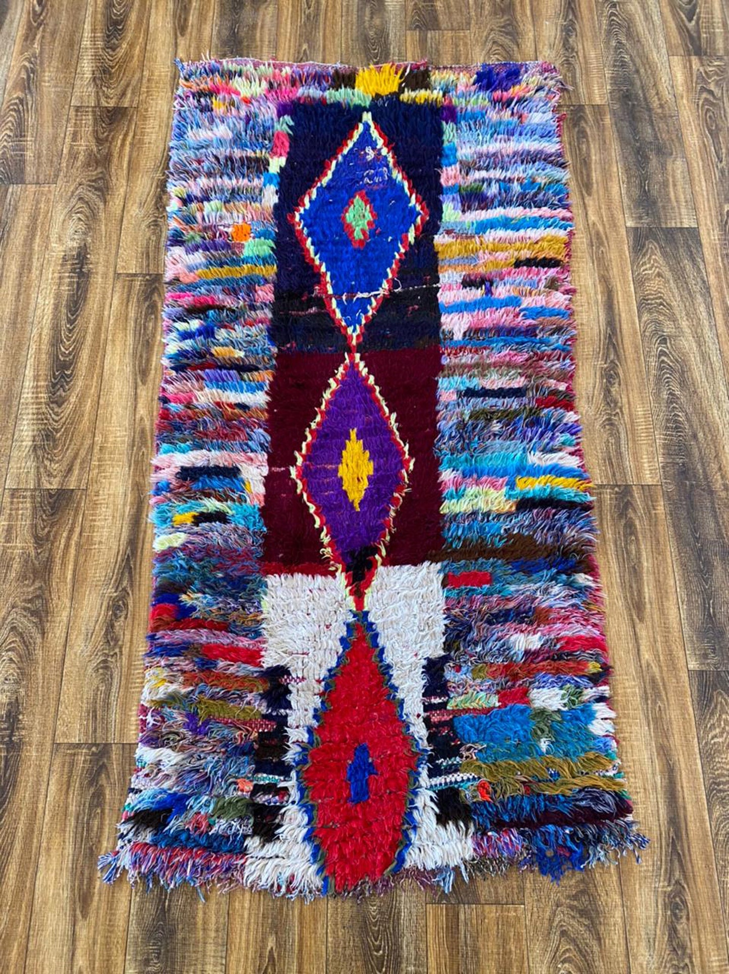 vintage Moroccan small Berber runner rug, 3x6 handwoven striped and diamond colored old rugs.