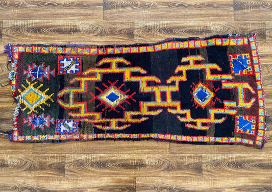 Old Rare woven Moroccan Rug, 2x6 black Narrow runner Rugs