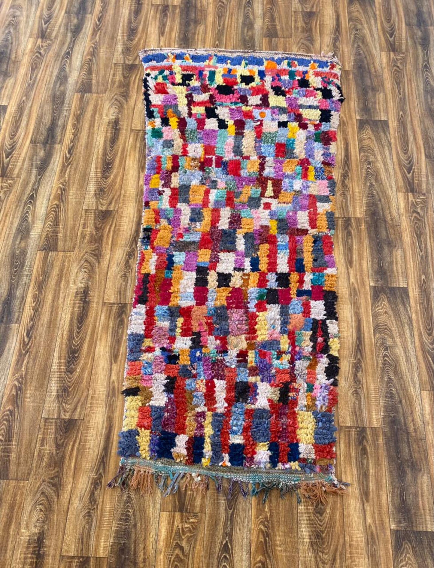 Vintage Moroccan colored Boucherouite Berber Rug 3x8.