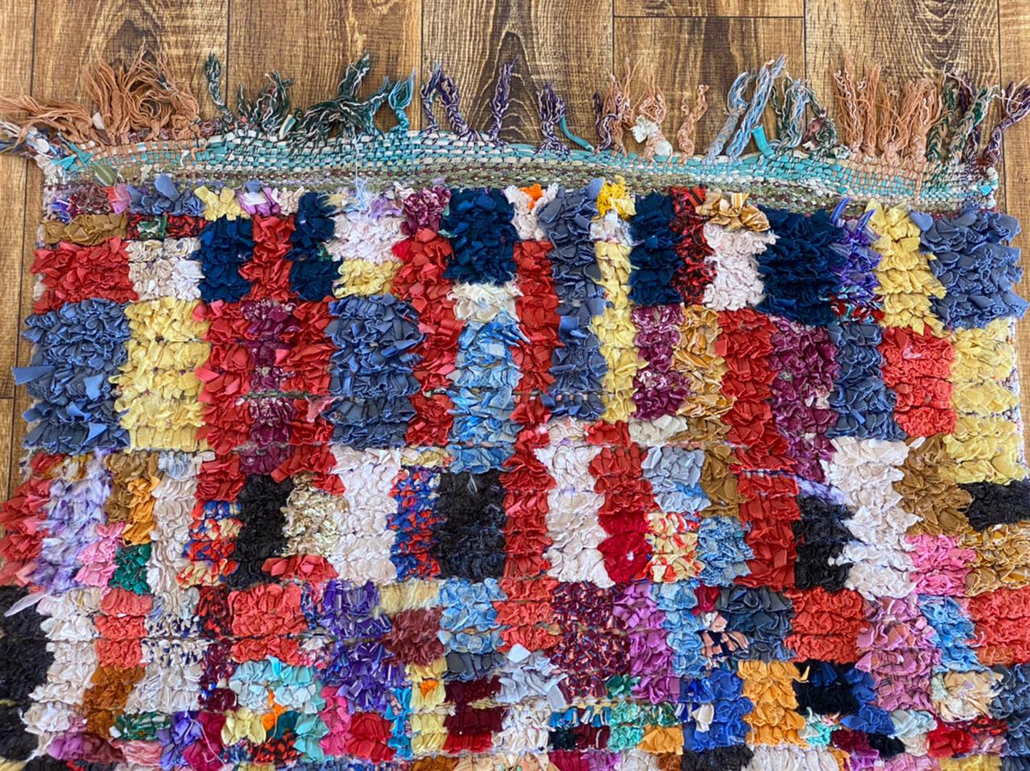 Vintage Moroccan colored Boucherouite Berber Rug 3x8.