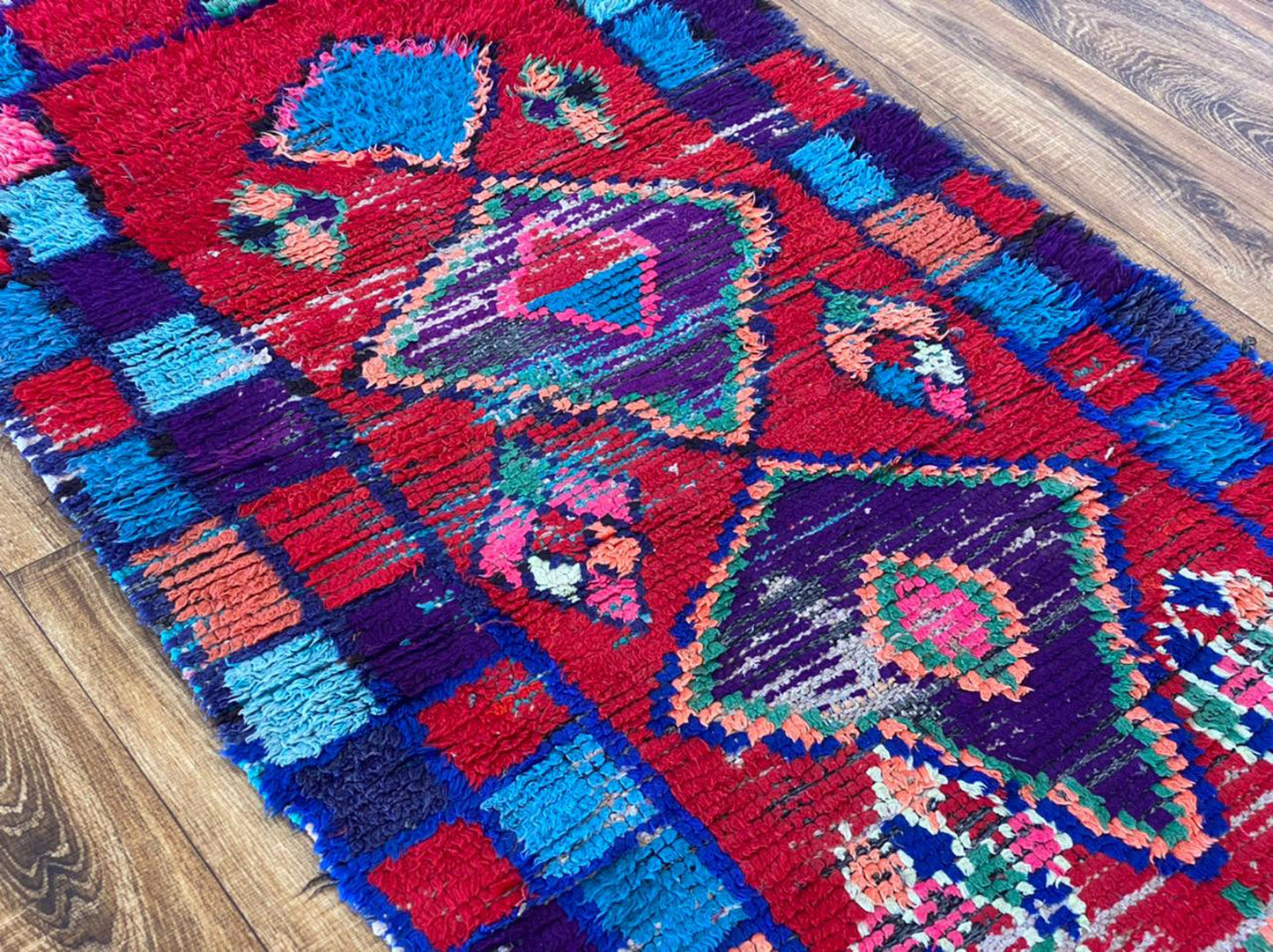 3x7 Vintage Red Moroccan Handwoven Rug, Berber unique Rug.