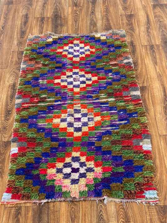 Checkered Chevron Colorful Rug, 3x6 Moroccan Vintage Berber Rug.
