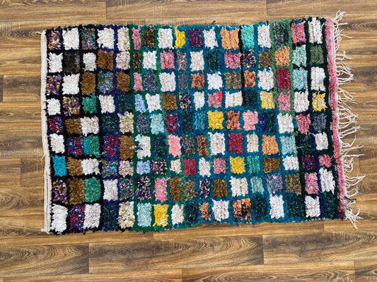 4x6 Boucherouite vintage Moroccan Rugs, Colorful Grid Berber area Rug.