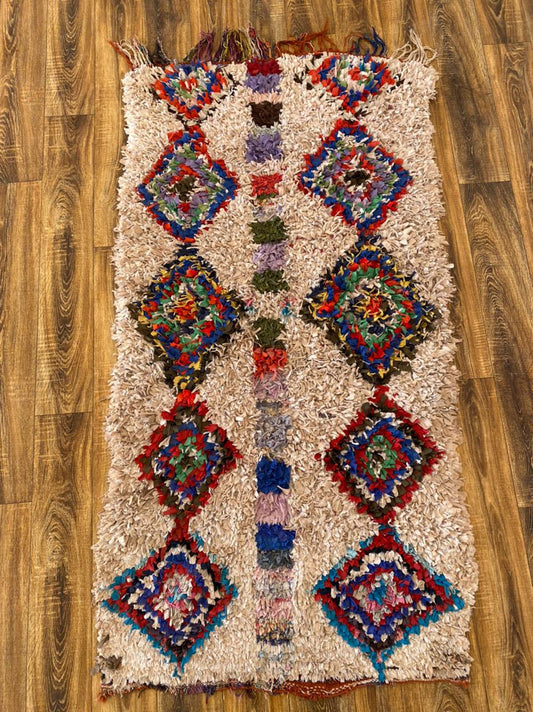 Small White Shag area Rug, Boucherouite vintage Moroccan Rug 3x6.