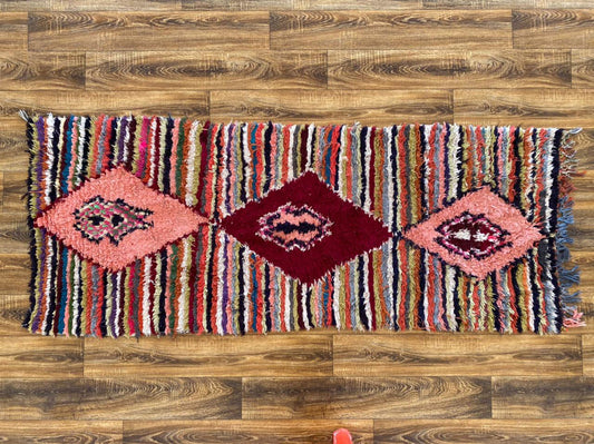 3x7 Striped colorful Berber narrow runner Rug, Vintage Moroccan Rug.