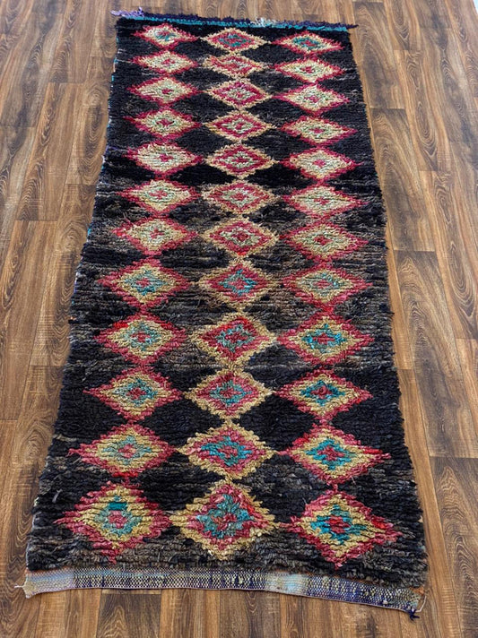 Boucherouite Moroccan Black Rugs 4x11. Vintage Berber Long runner Rug.