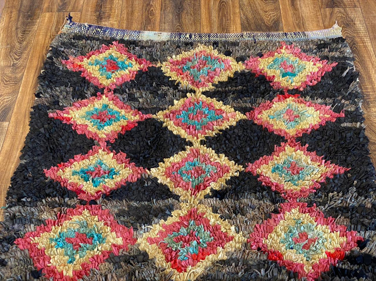Boucherouite Moroccan Black Rugs 4x11. Vintage Berber Long runner Rug.