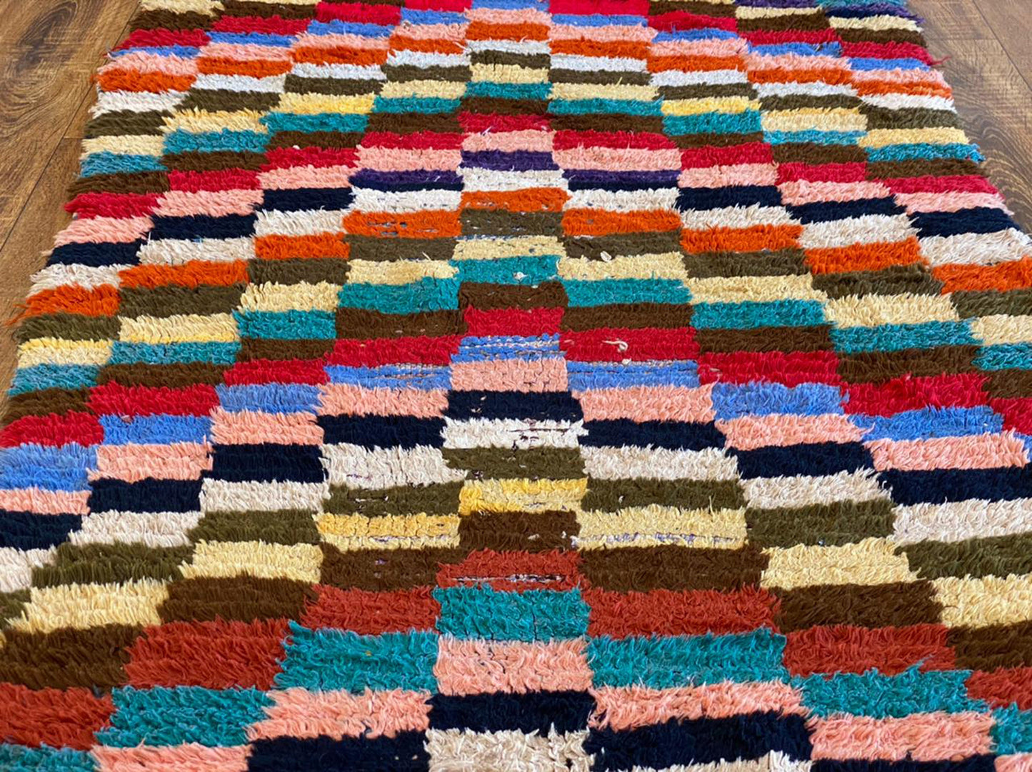 Vintage Checker runner Rug, 3x9 Moroccan Berber runners Rug.