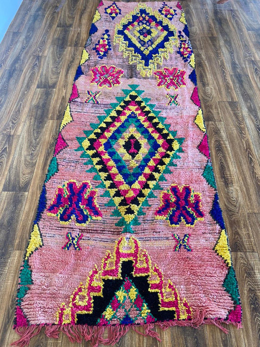 Tapis marocain vintage long 3x11. Tapis berbère coloré.