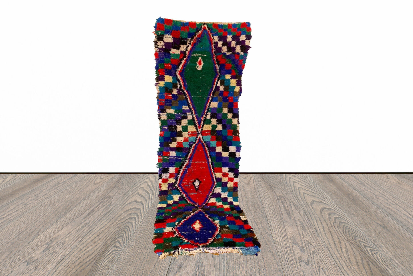 3x9 ft vintage Moroccan checkered runner rug.