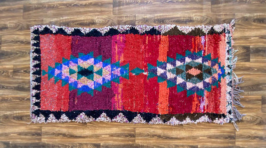 Red Moroccan Berber vintage rug, 3x7 ft boucherouite area rug .