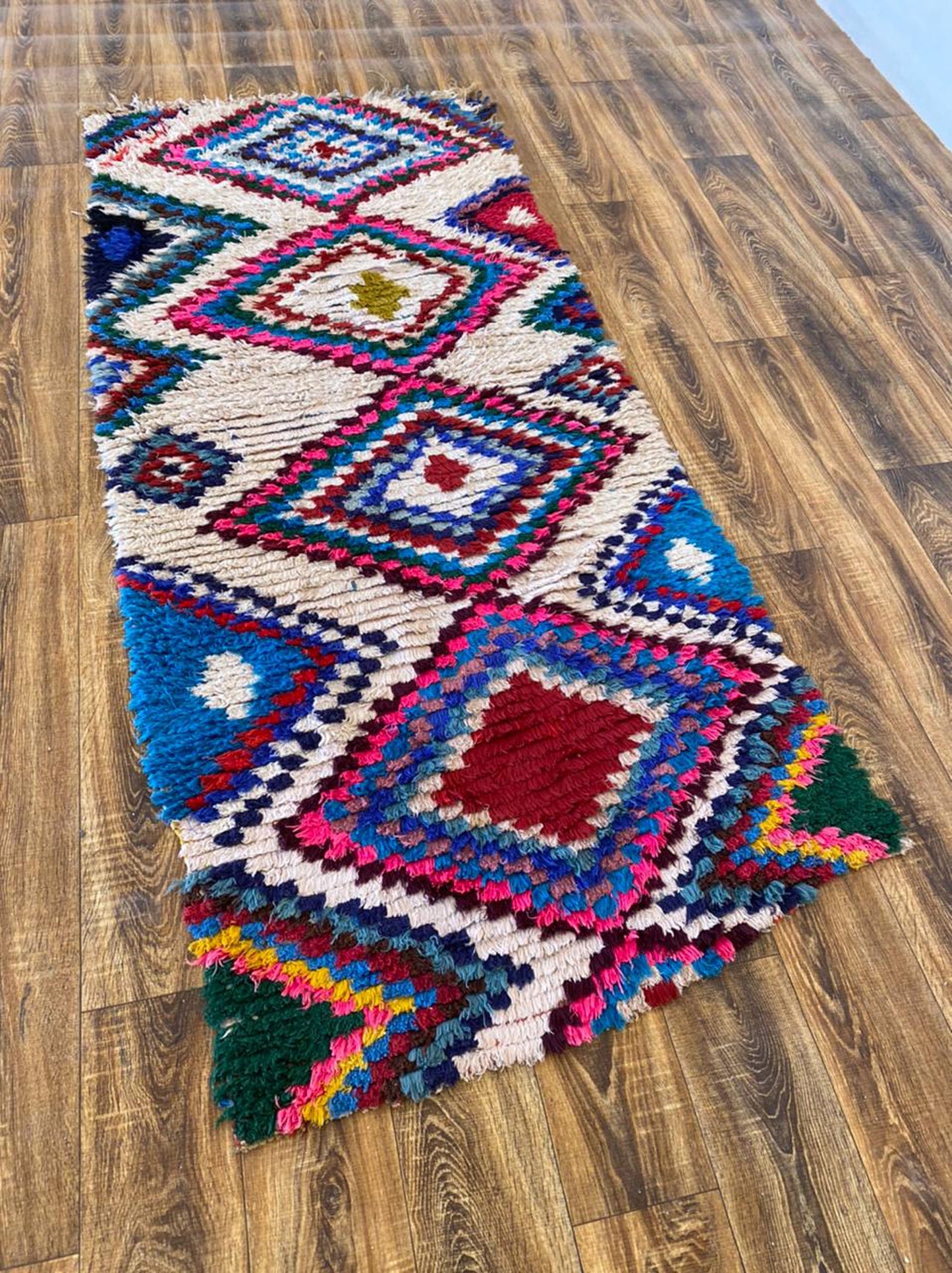 Moroccan vintage Berber shag rug runner, 3x7 ft Azilal woven runner rug.