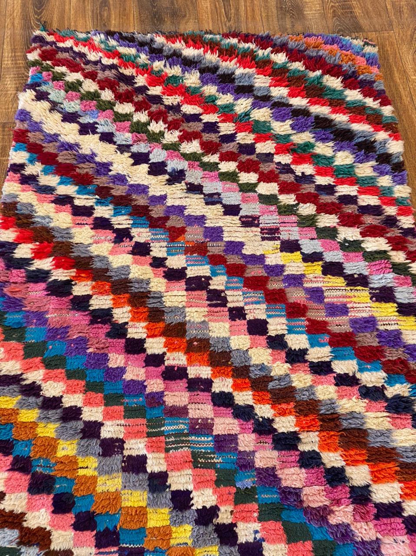 Moroccan vintage Berber rug, 3x7 ft Azilal woven area rug.