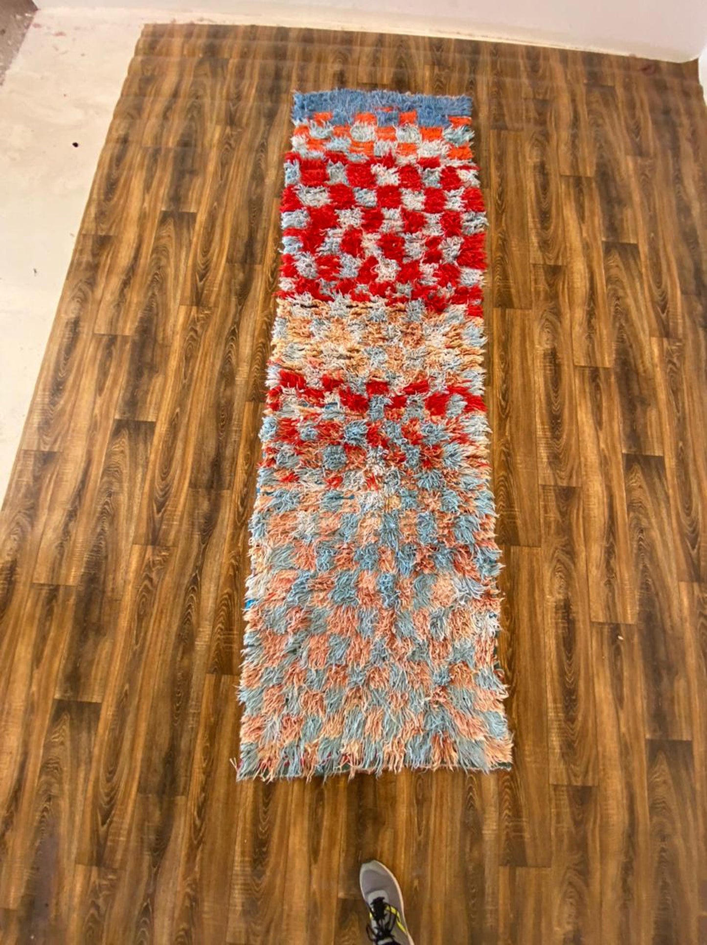 3x10 ft Moroccan vintage Berber checkered runner rug .