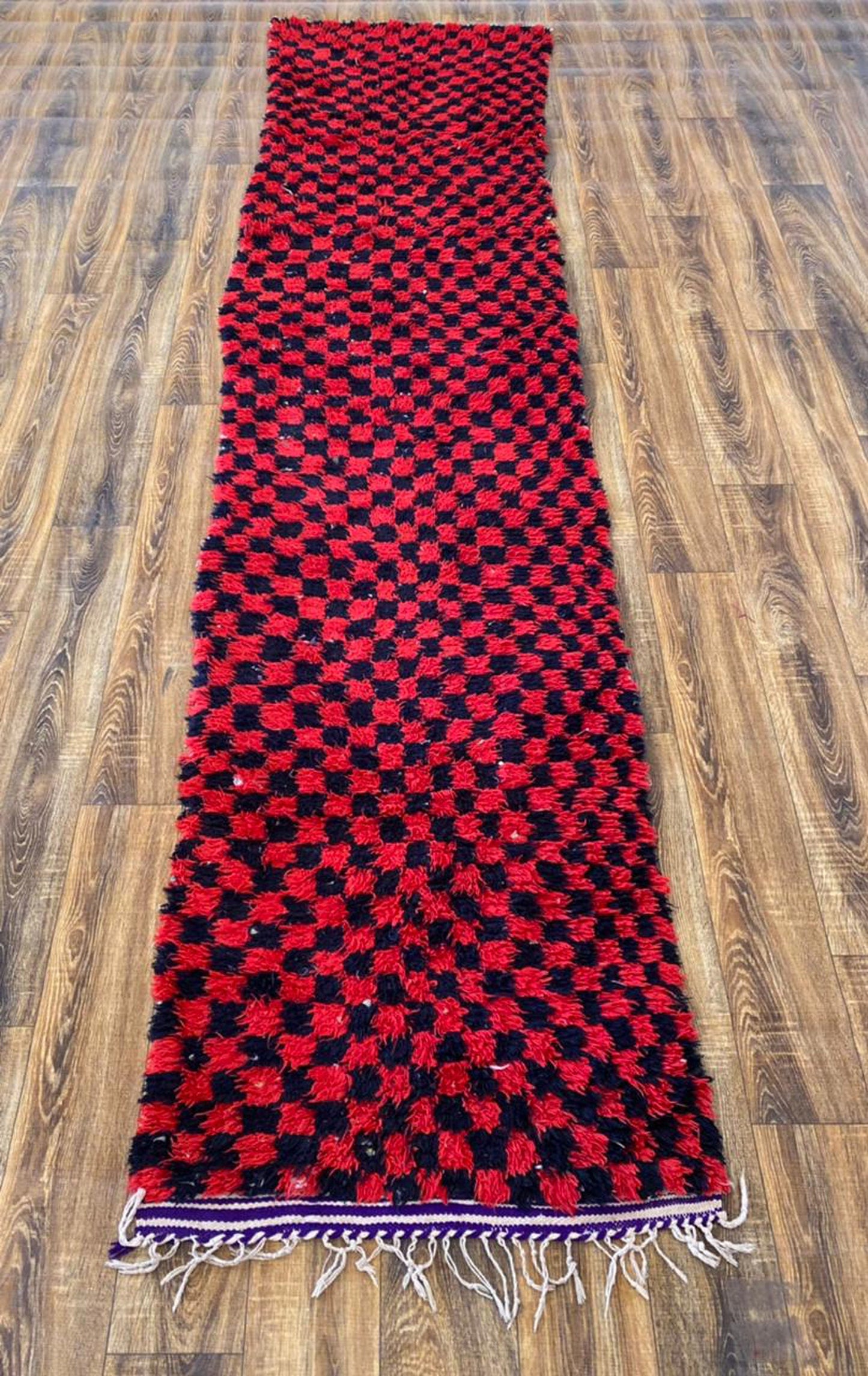 Moroccan vintage checkered Berber runner rug 3x11 ft.