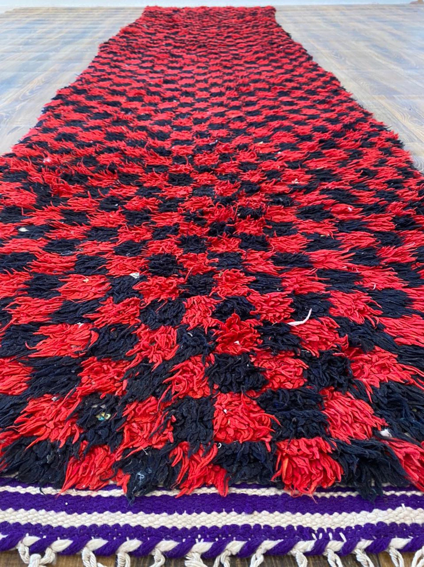 Moroccan vintage checkered Berber runner rug 3x11 ft.