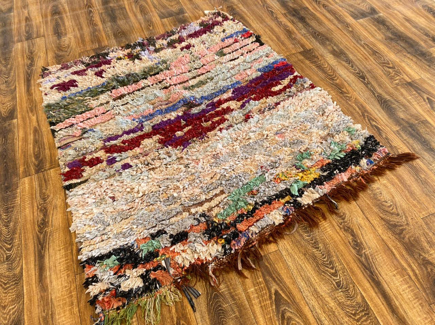4x4 ft Moroccan vintage boucherouite area rug.