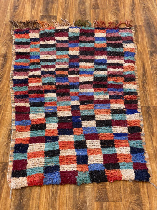 Tapis marocain vintage berbère à carreaux colorés de 3 x 5 pieds.