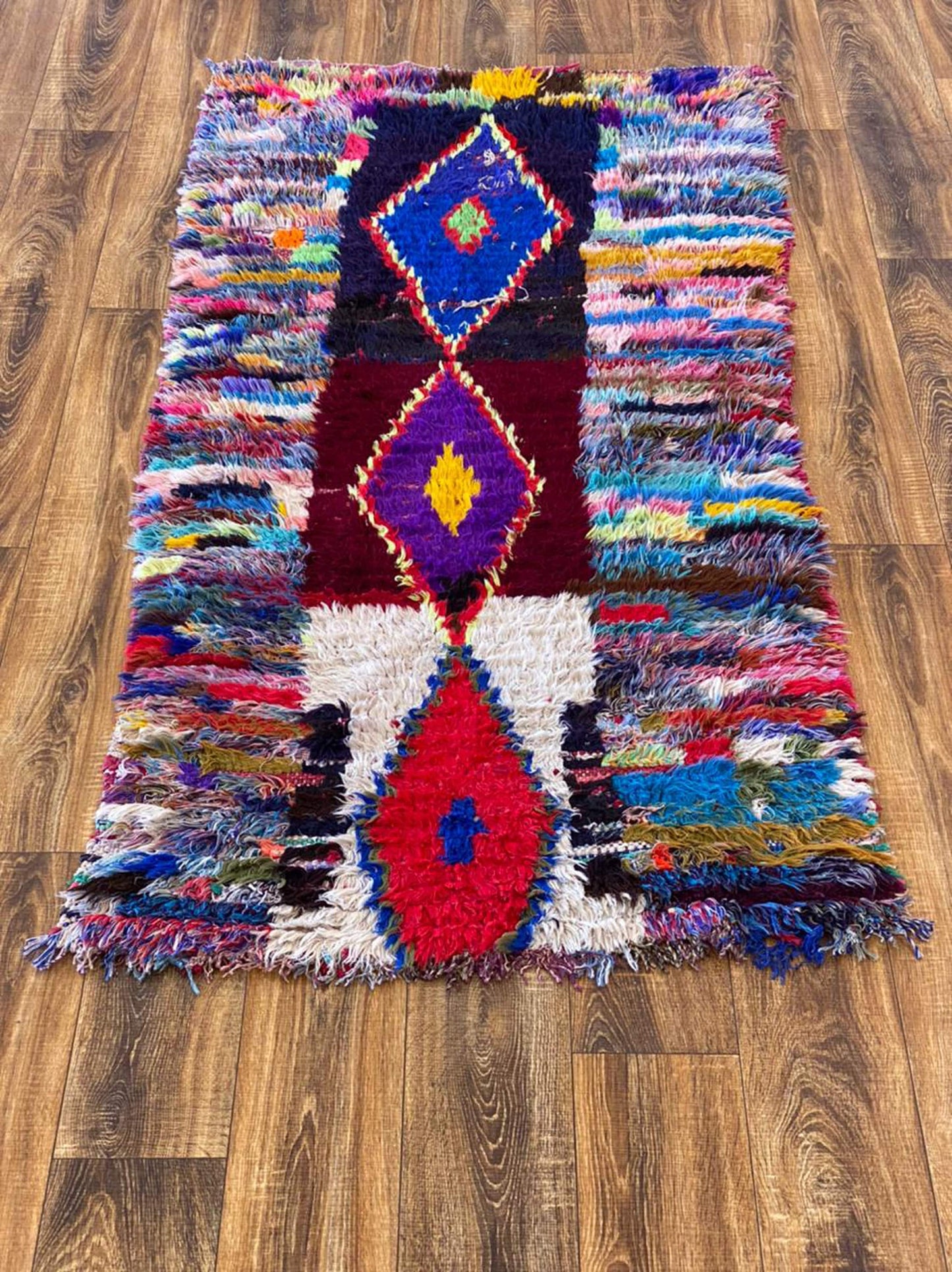 vintage Moroccan small Berber runner rug, 3x6 handwoven striped and diamond colored old rugs.