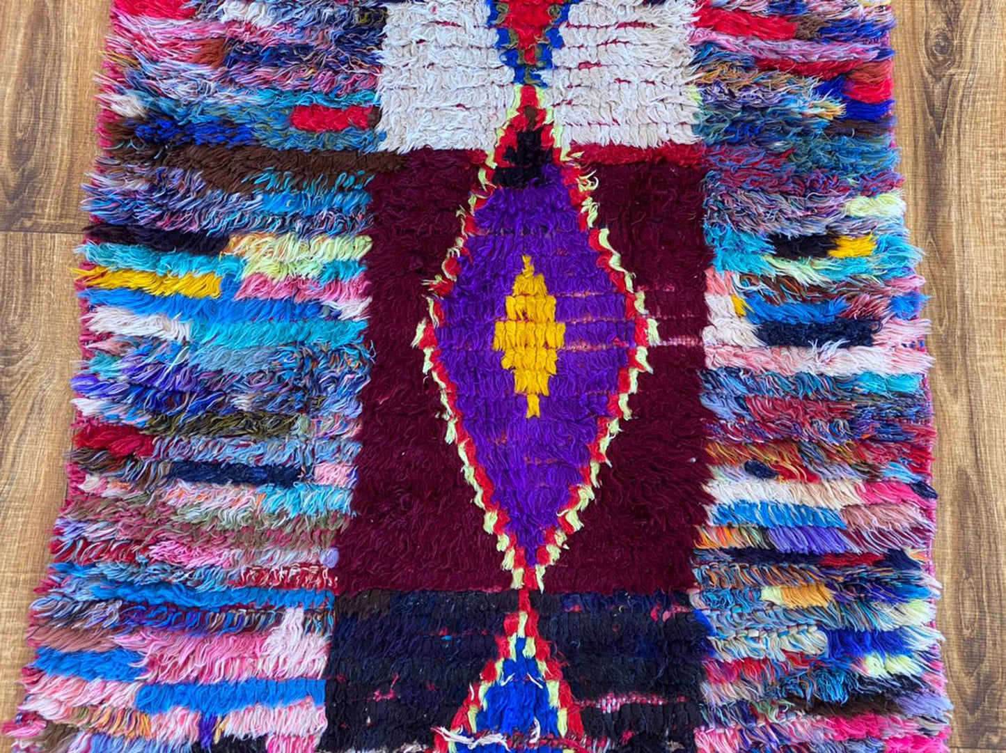 vintage Moroccan small Berber runner rug, 3x6 handwoven striped and diamond colored old rugs.