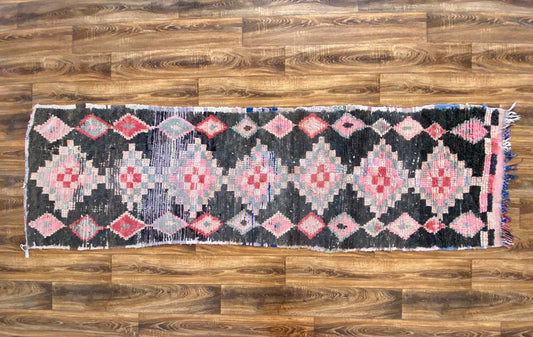 Handwoven Narrow runner Diamond Black Rugs. 3x9 Vintage Old Berber Rugs.