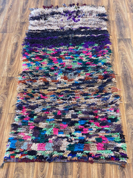 Colorful shag Vintage Rug. Berber Moroccan runner Rug 3x8.