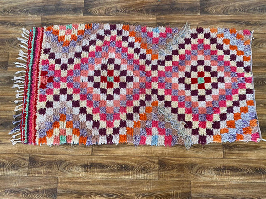 Checkered Chevron Colorful Vintage Small runner Rug 3x6. Moroccan Berber Rug.