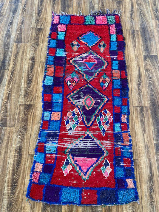 3x7 Vintage Red Moroccan Handwoven Rug, Berber unique Rug.