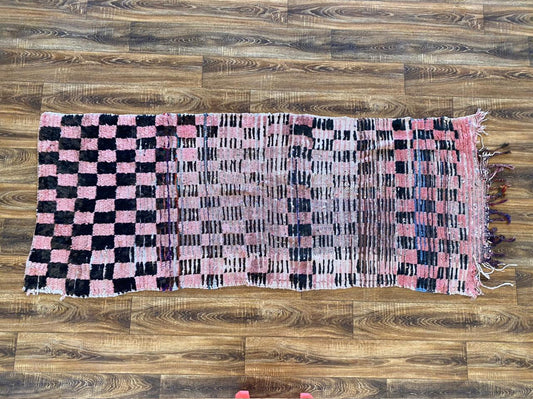 3x7 Moroccan Vintage worn checkered runner Rug.