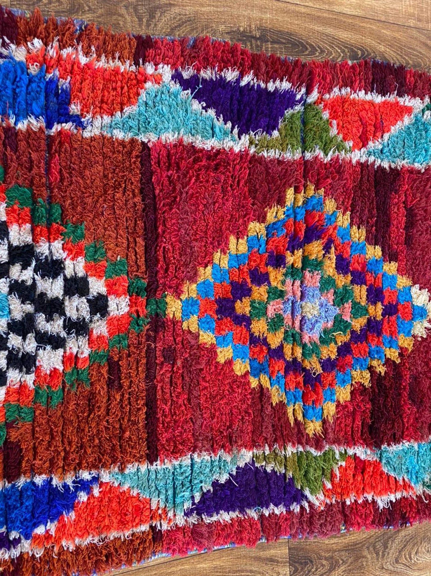 3x6 ft vintage Moroccan woven area rug.