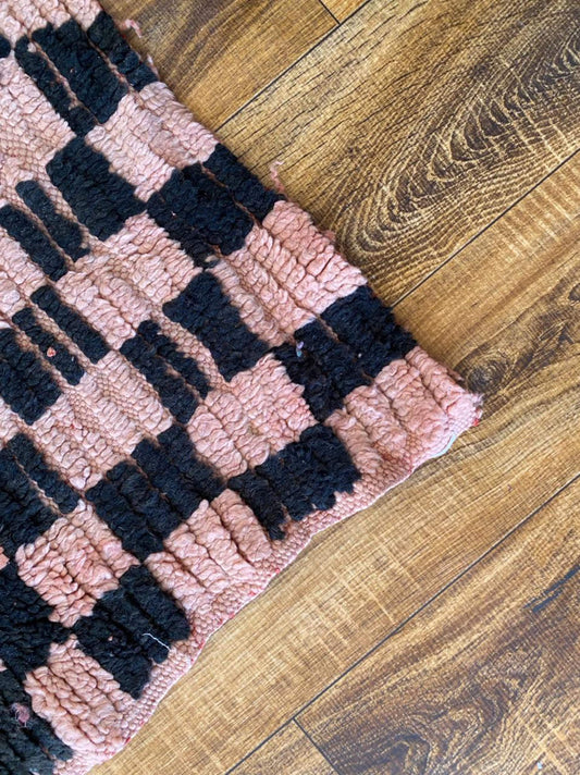 3x9 ft vintage checkered Moroccan runner rug.