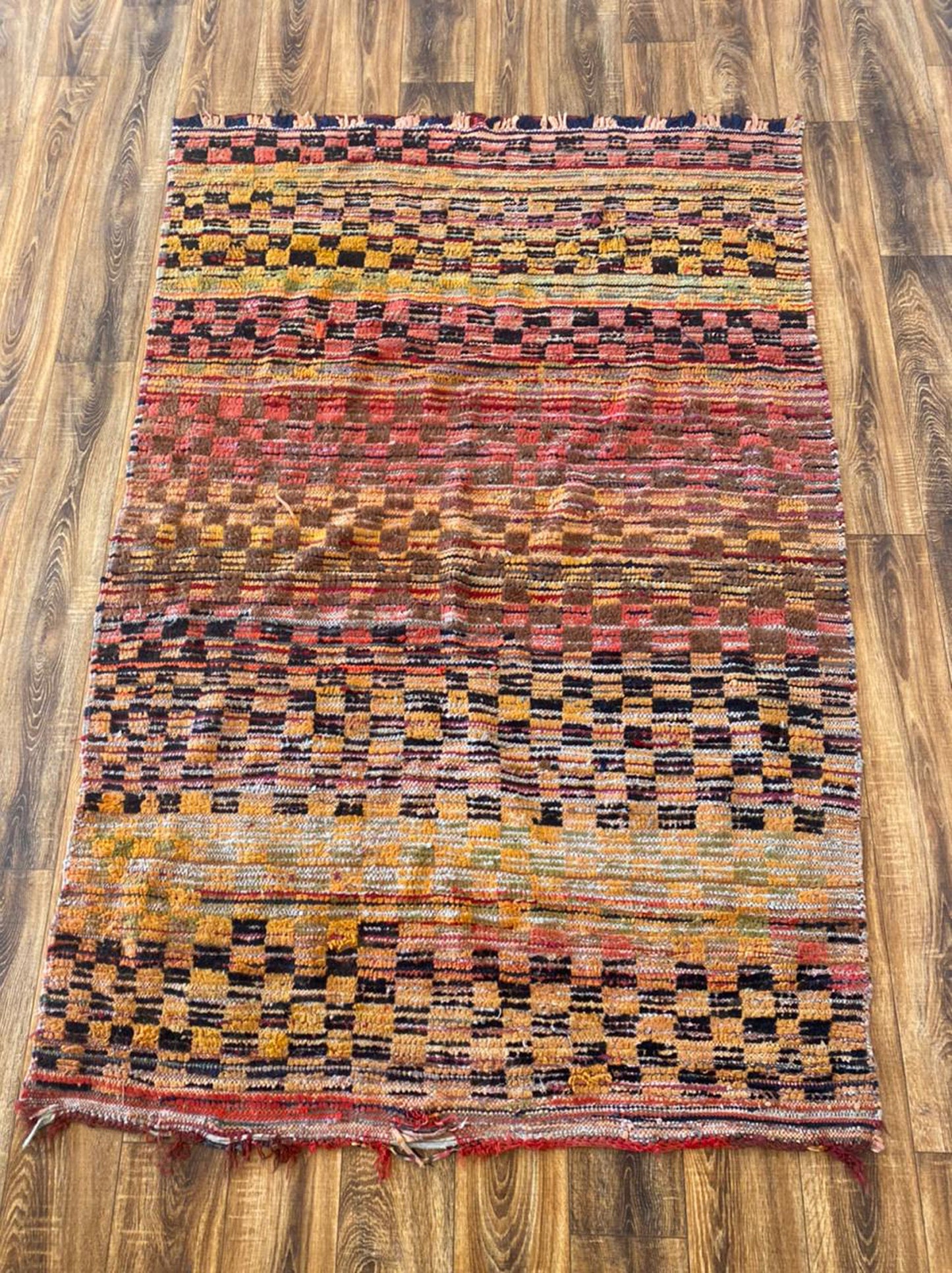 Vintage checkered Moroccan area rug 4x7 ft.