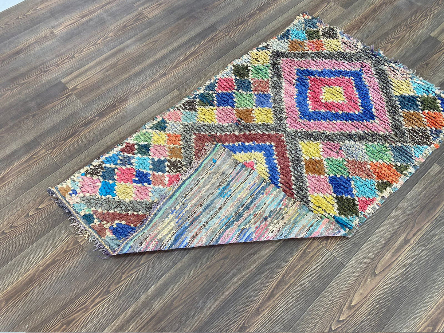 Moroccan Berber Rug 3 ft by 5 ft, Vintage Boucherouite runner rug.