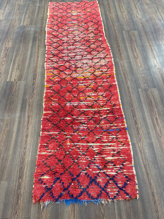 faded red Vintage Rug Moroccan, runner narrow 3 ft by 9 ft.