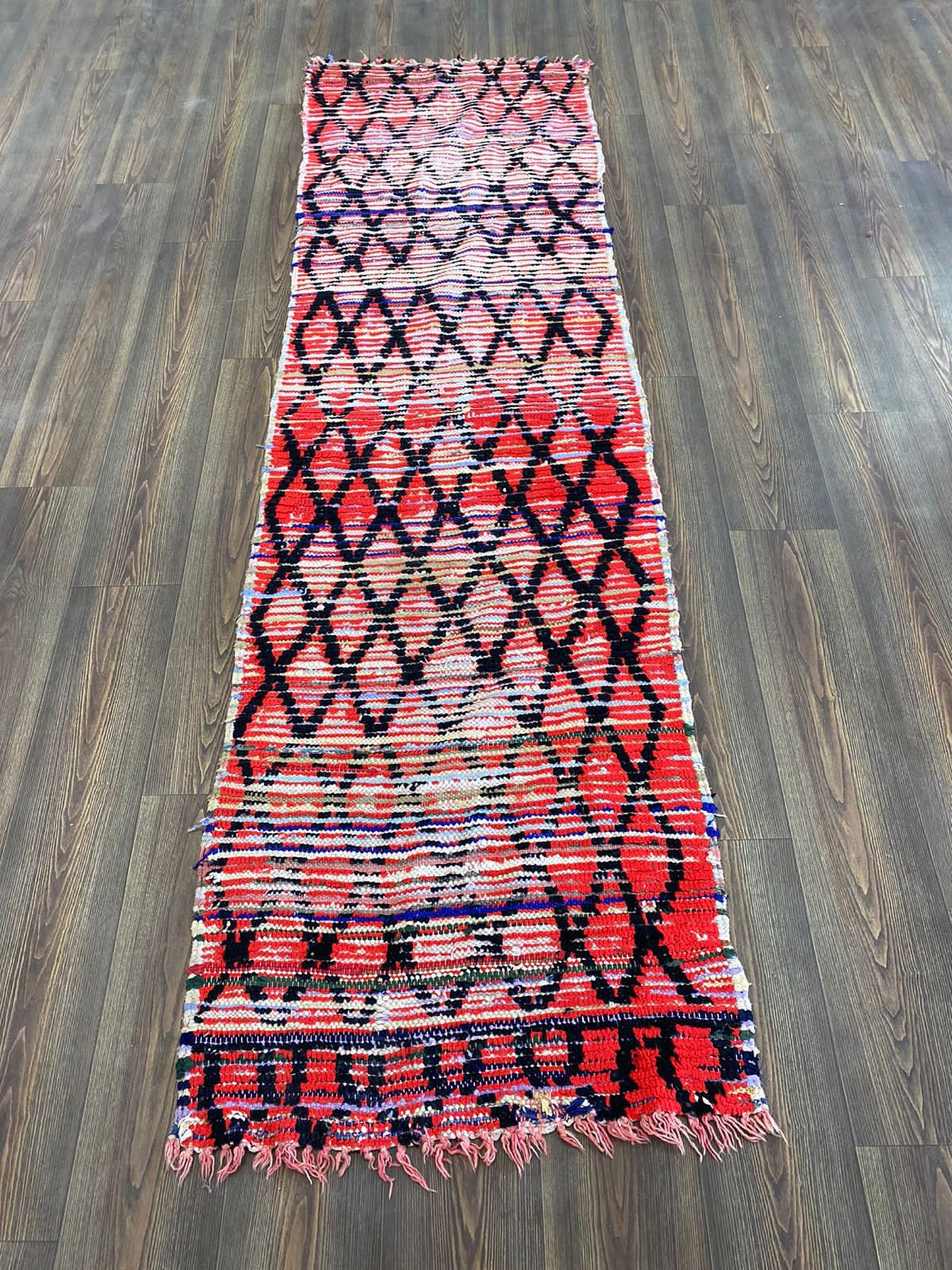 3 ft by 9 ft Berber woven Cotton and Wool Rug, vintage Moroccan Bohemian, narrow runner rug.