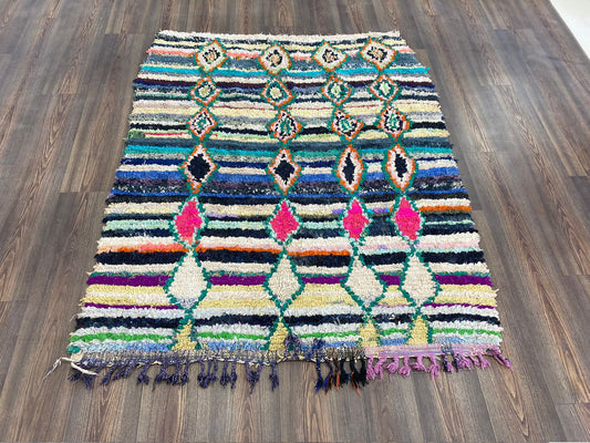4x6 ft Moroccan streped Boucherouite colorful Rug, vintage Berber area Rug.