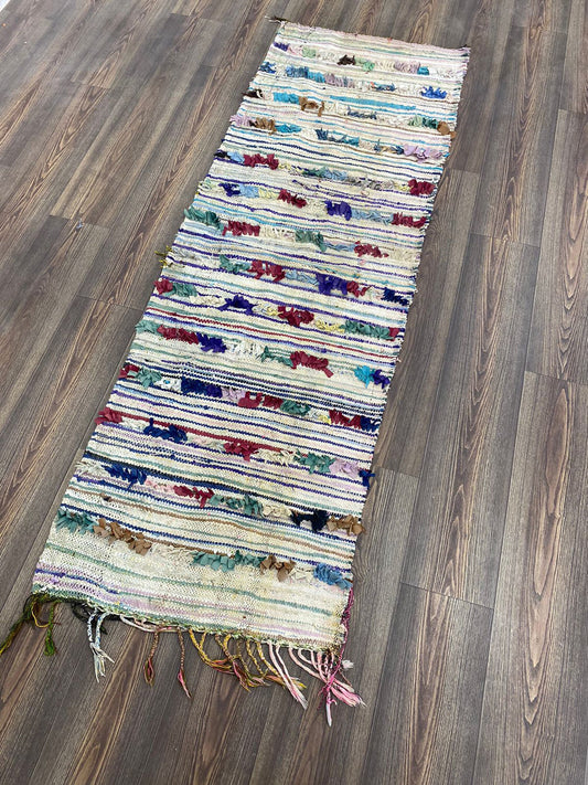 striped Boucherouite white narrow Rug, 2x7 ft Morrocan woven old runners.