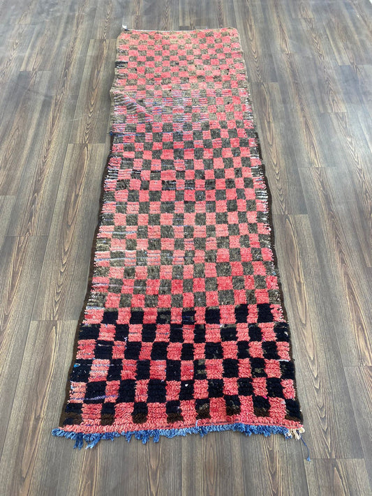 red and black vintage Rug, berber checkered 3 by 8 ft runner rug.
